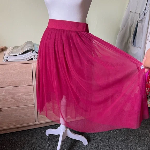 Maroon Red Layered Mesh Pleated Tutu High-Waist Modest Midi Knee-Length Skirt S - Picture 10 of 16